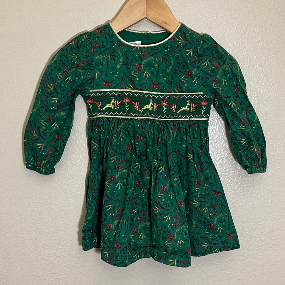Iris & Ivy Green Red Cotton Holiday Dress with Gold Trim